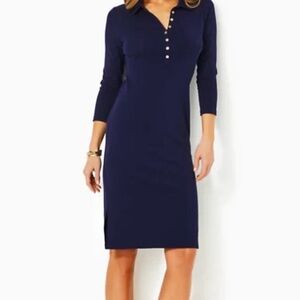 Lilly Pulitzer 3/4 sleeve Reema Dress Navy Polo Collared Button Front Stretch XS